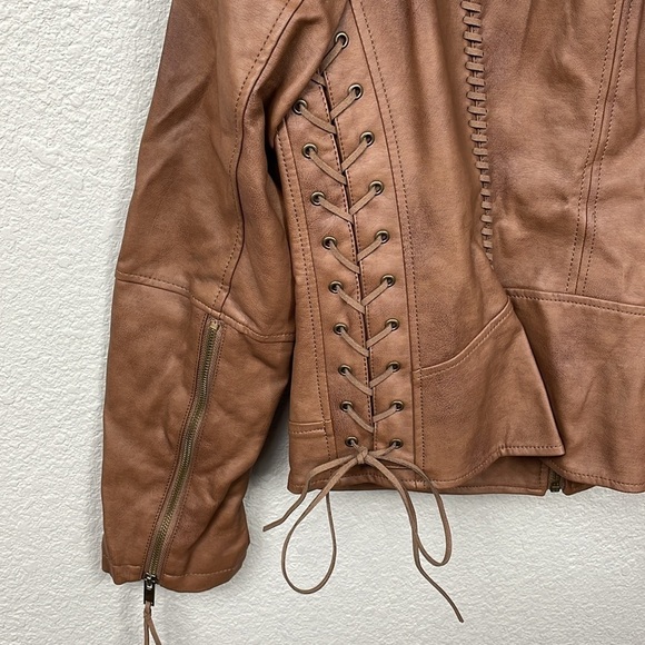 Coffee Shop Faux Leather Vegan Jacket Boho Moto Lace Up Ties Brown Sz L - Picture 9 of 14